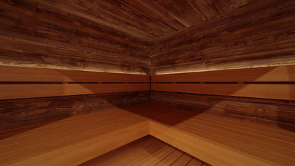 Inside the ThermaSol Aalto, corner benches and cove lighting along the ceiling