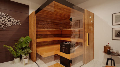 ThermaSol Aalto indoor sauna cabin, the glass door and corner benches