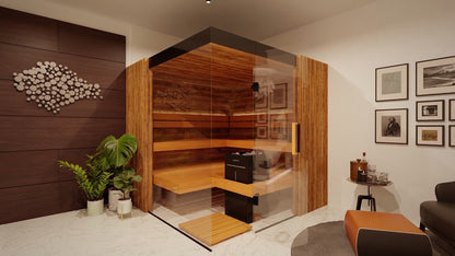 ThermaSol Aalto indoor sauna cabin, glass front and interior benches lit from within