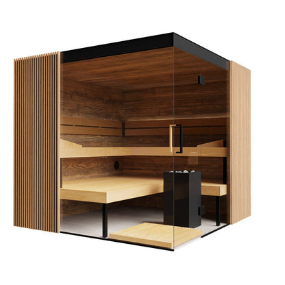 ThermaSol Aalto indoor sauna cabin, three quarter studio view on a plain background