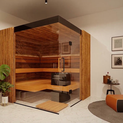 ThermaSol Aalto indoor sauna cabin in a finished room, semi-panoramic glass front