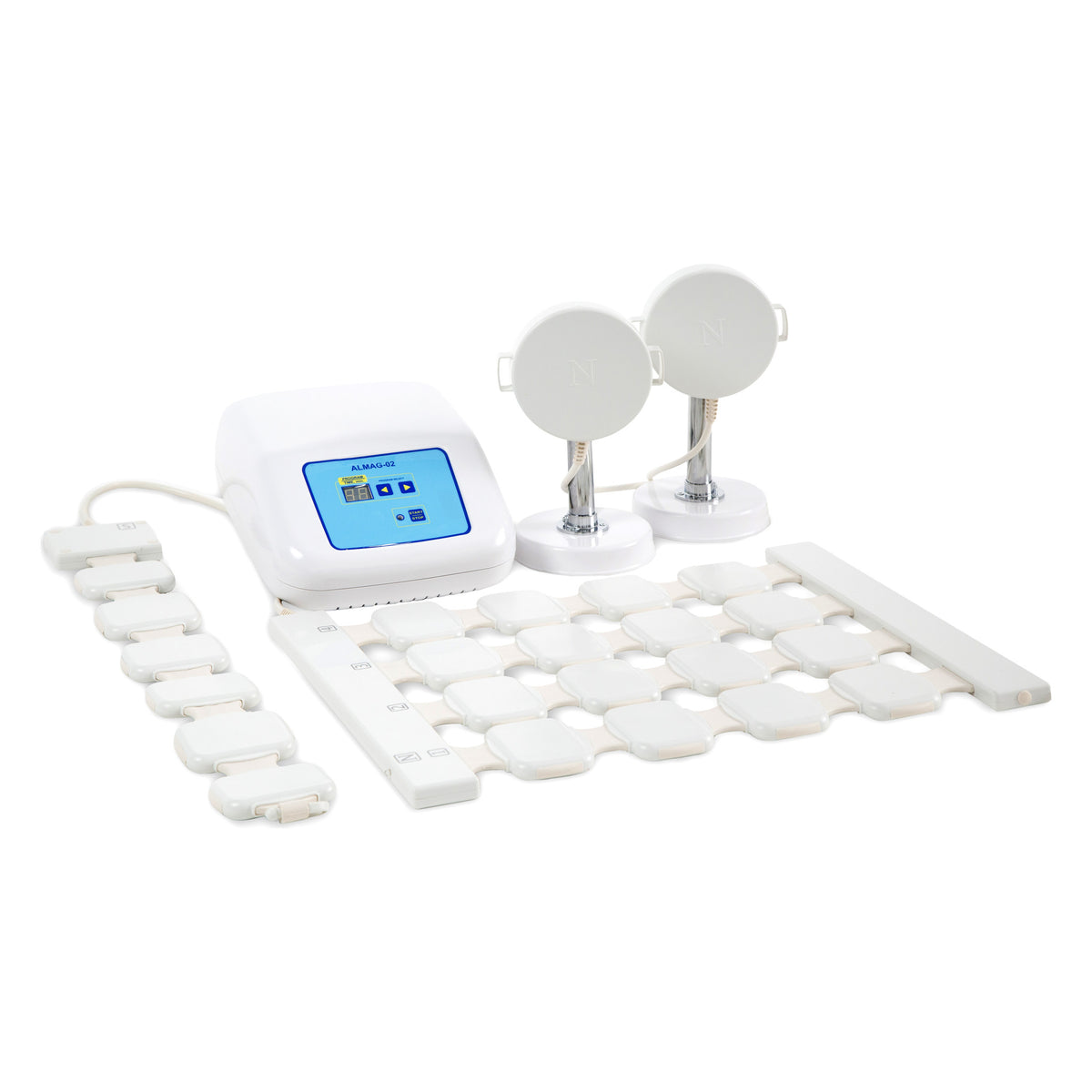 ELAMED studio photo of the ALMAG-02 delivery option 2 set: control unit, main emitter, flexible line and the local emitter's two coils on stands