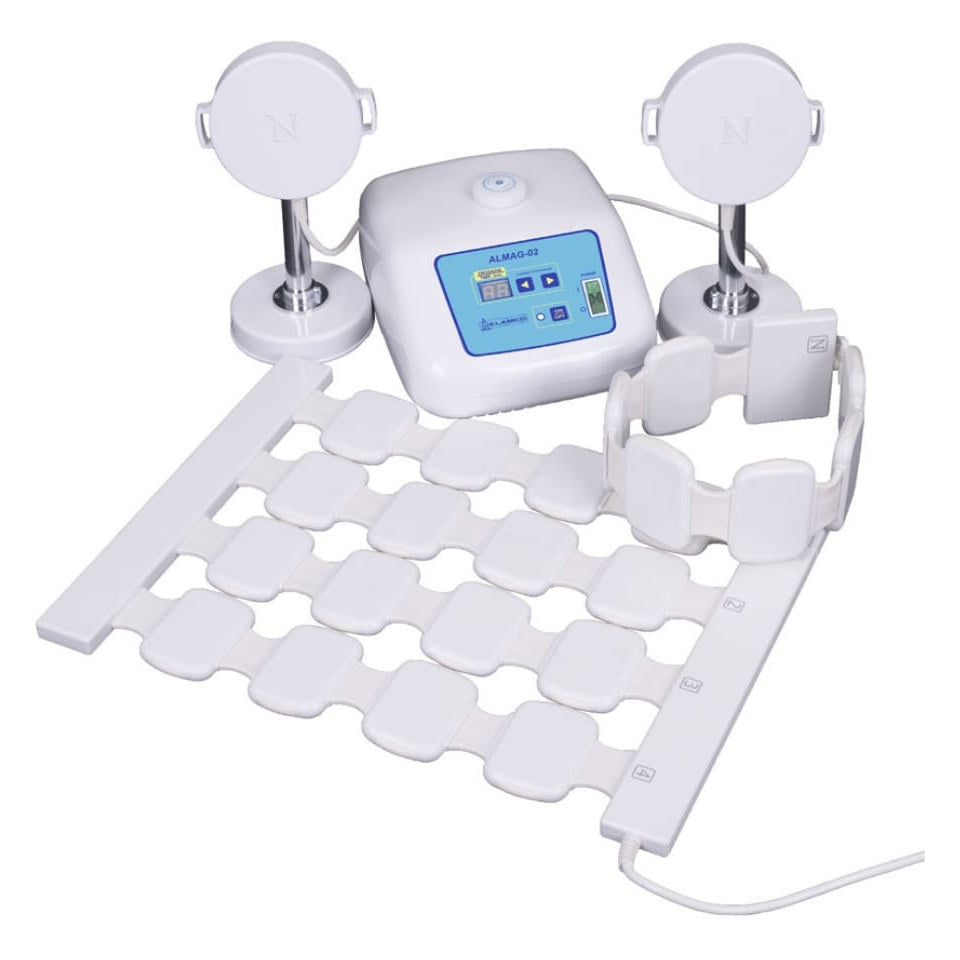 ELAMED ALMAG-02 US 120 V set: control unit with the power switch on its front panel, main emitter, flexible line and two local emitter coils on stands