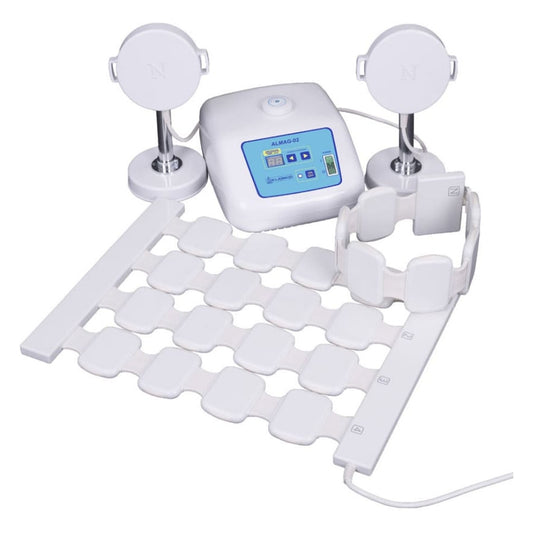 ELAMED ALMAG-02 US 120 V set: control unit with the power switch on its front panel, main emitter, flexible line and two local emitter coils on stands