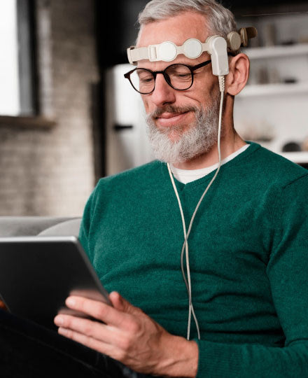 Man reading a tablet while wearing the DIAMAG emitter headband