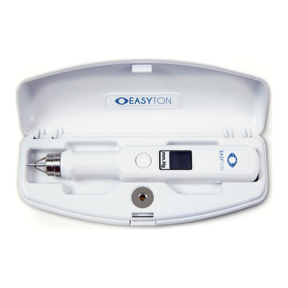 ELAMED EASYTON transpalpebral tonometer resting in its white tester case