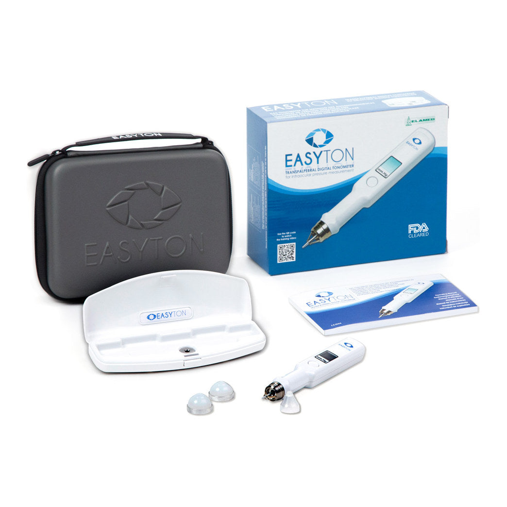 EASYTON tonometer kit: pen, white tester case, zip carry case, retail box and printed documents