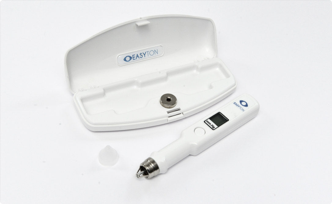 EASYTON tonometer pen beside its open case, showing the rod, buffer ring and LCD