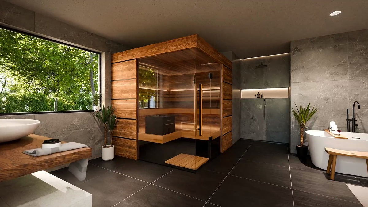 ThermaSol Astra indoor sauna cabin in a finished bathroom, three quarter view