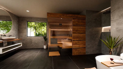 ThermaSol Astra indoor sauna cabin seen along the bathroom wall