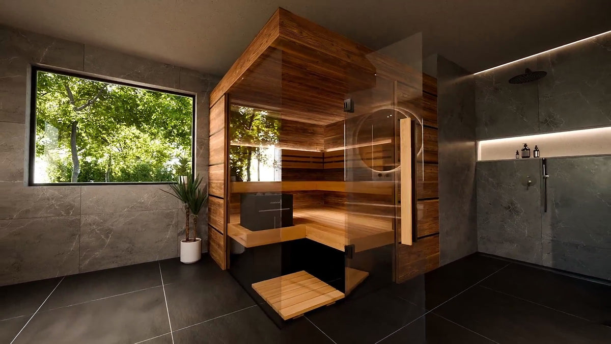 ThermaSol Astra indoor sauna cabin, the glass door and corner bench