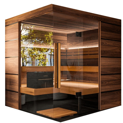 ThermaSol Astra indoor sauna cabin, three quarter studio view on a white background