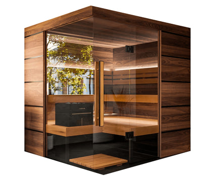 ThermaSol Astra indoor sauna cabin, three quarter studio view on a plain background