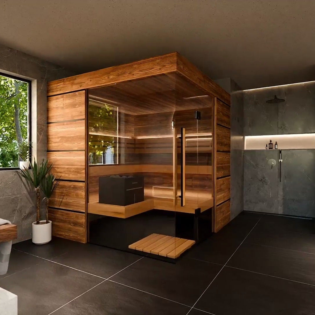 ThermaSol Astra indoor sauna cabin in a finished bathroom, transparent glass front