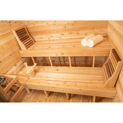 CT Luna interior with the upper bench, backrest and rolled towels along the cedar bench run