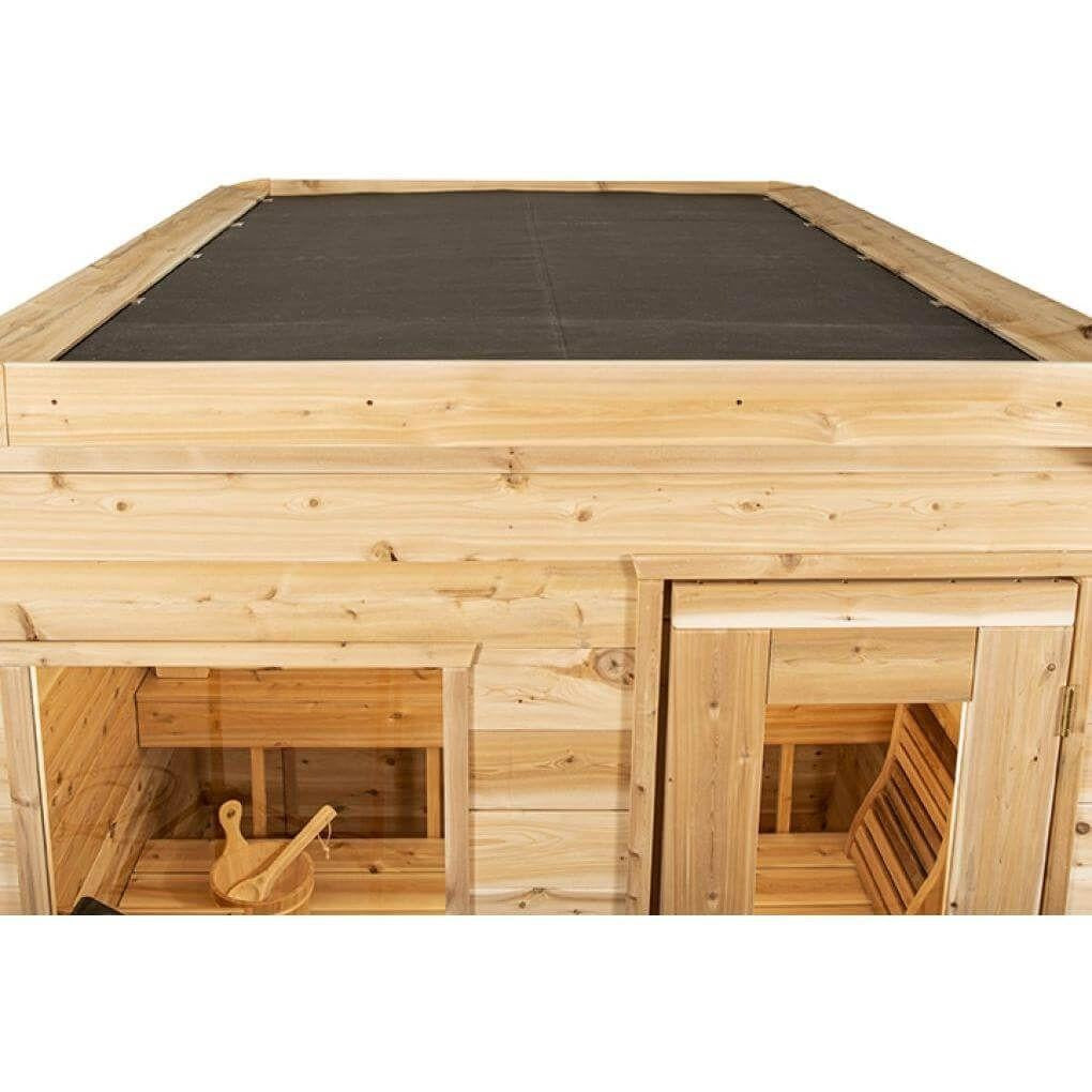 Overhead view of the CT Luna showing the black EPDM rubber membrane roof and cedar trim