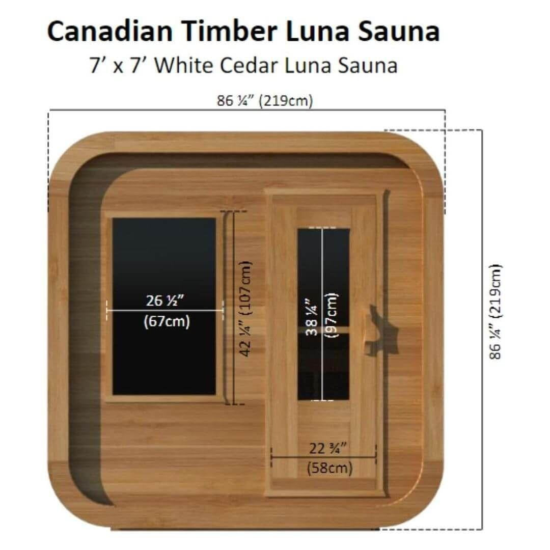 Dimension drawing of the CT Luna exterior, 86 and a quarter inches wide by 86 and a quarter inches high with window and door sizes