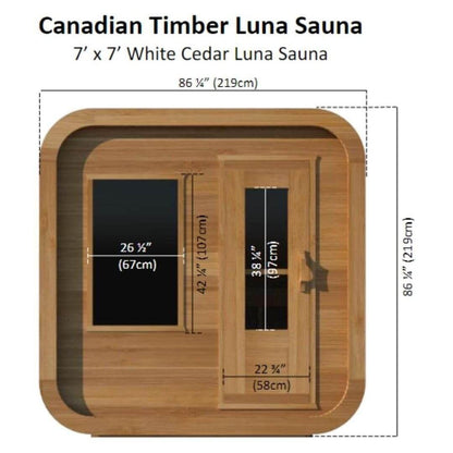 Dimension drawing of the CT Luna exterior, 86 and a quarter inches wide by 86 and a quarter inches high with window and door sizes