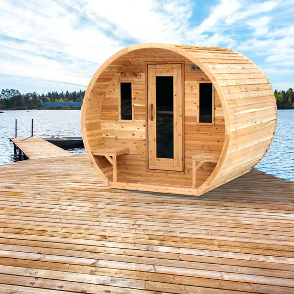 CT Elation sauna front elevation on a lake dock showing the cedar door, two front windows and the two small outdoor benches