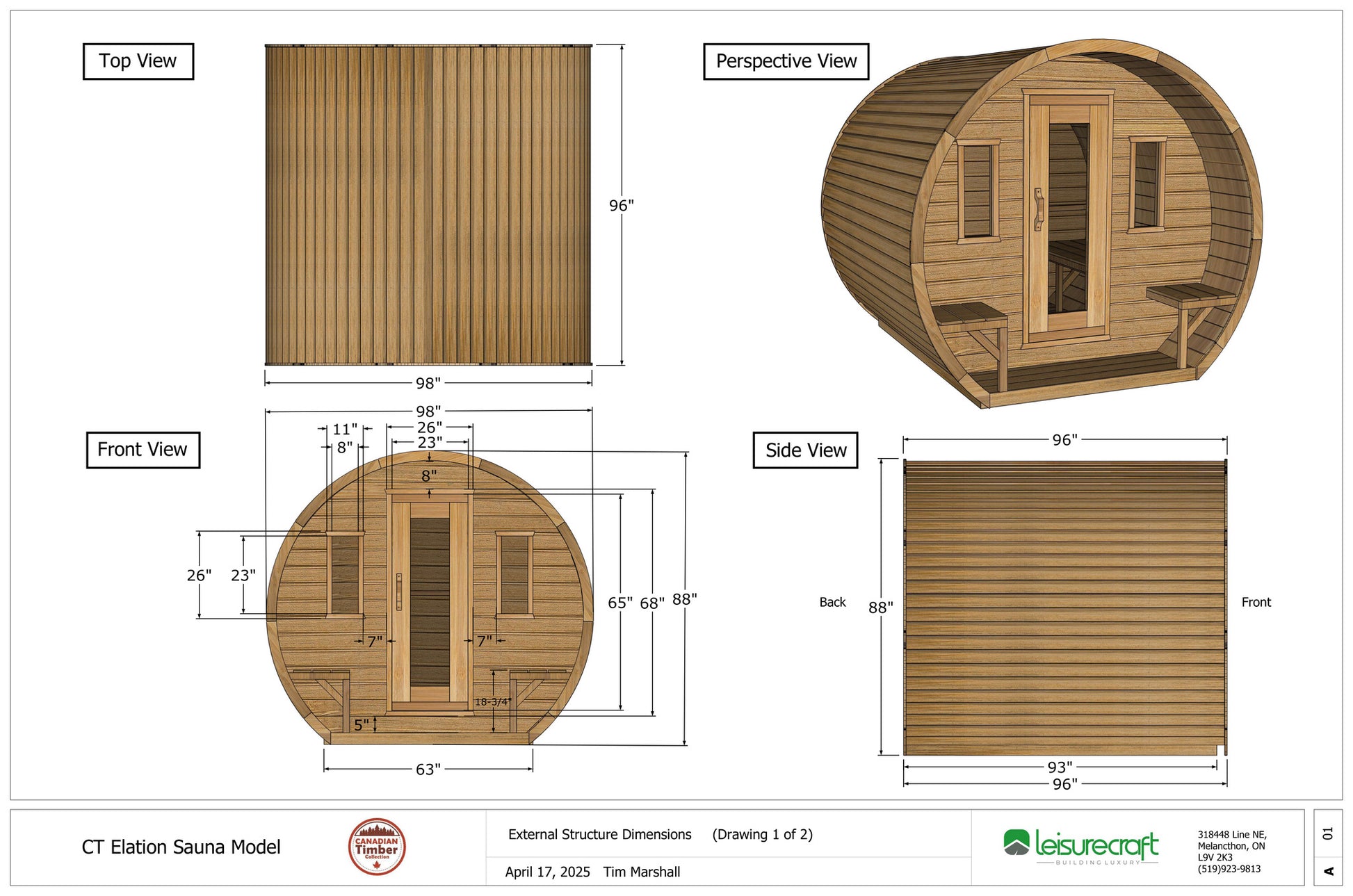 CT Elation exterior dimension drawing: top, front, side and perspective views, 98 by 96 by 88 inches