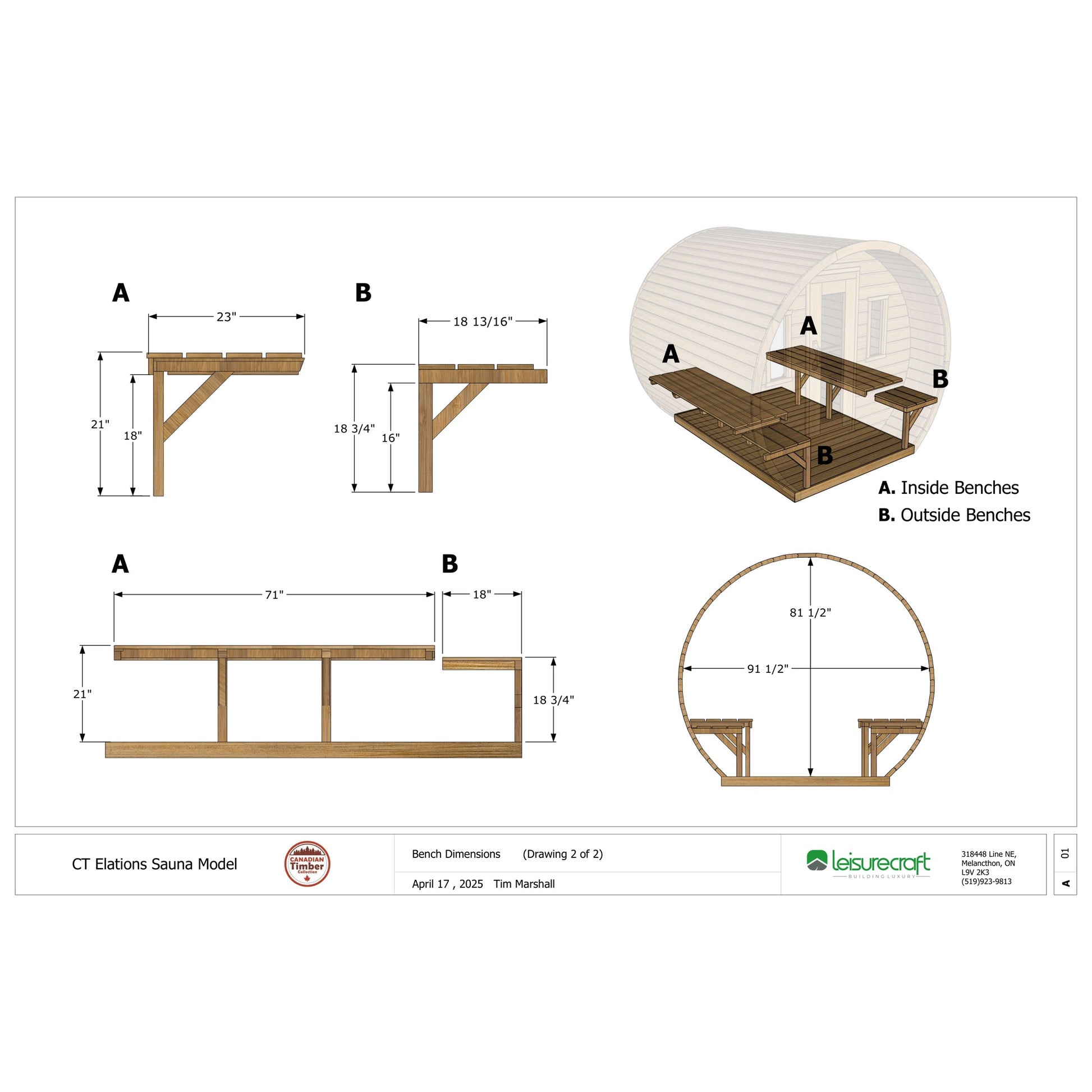 CT Elation sauna bench dimension drawing: 71 by 23 inch inside benches, 18 by 18 inch outside benches, 91.5 inch interior width