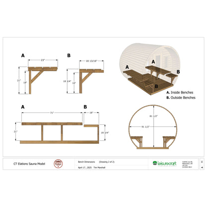 CT Elation sauna bench dimension drawing: 71 by 23 inch inside benches, 18 by 18 inch outside benches, 91.5 inch interior width