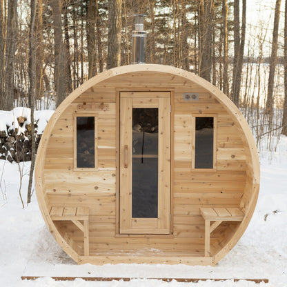 CT Elation sauna front elevation in winter showing the door, the two front windows and the two outside benches
