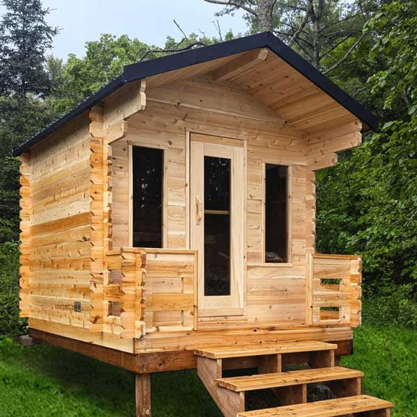 CT Georgian cabin sauna with the optional porch, raised on posts with steps and a railing in front of the door