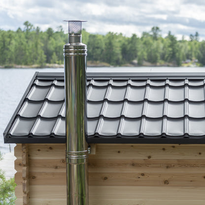 Metal shingle roof and chimney detail on the CT Georgian cabin sauna