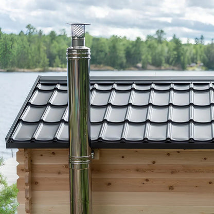Metal shingle roof and chimney detail on the CT Georgian cabin sauna