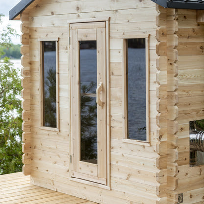 Cedar door with bronze tempered glass and front window of the CT Georgian cabin sauna