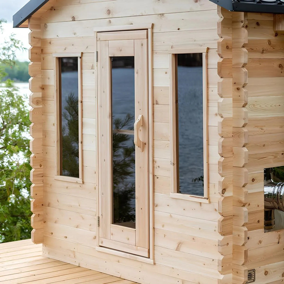 Cedar door with bronze tempered glass and front window of the CT Georgian cabin sauna