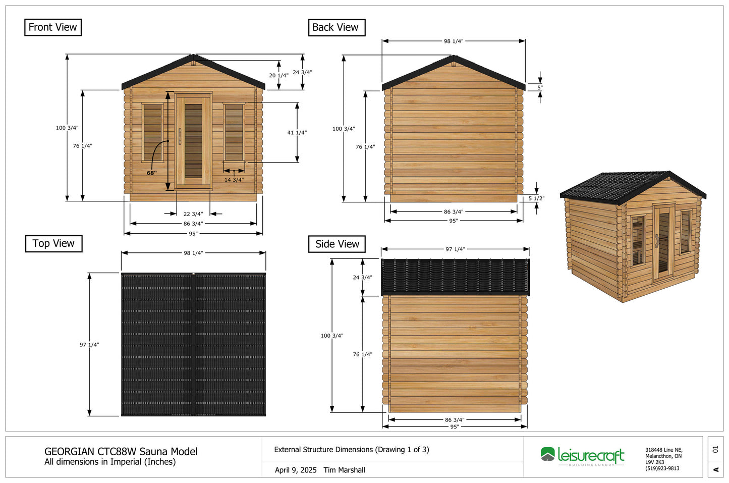 CT Georgian cabin sauna dimension drawing with imperial measurements