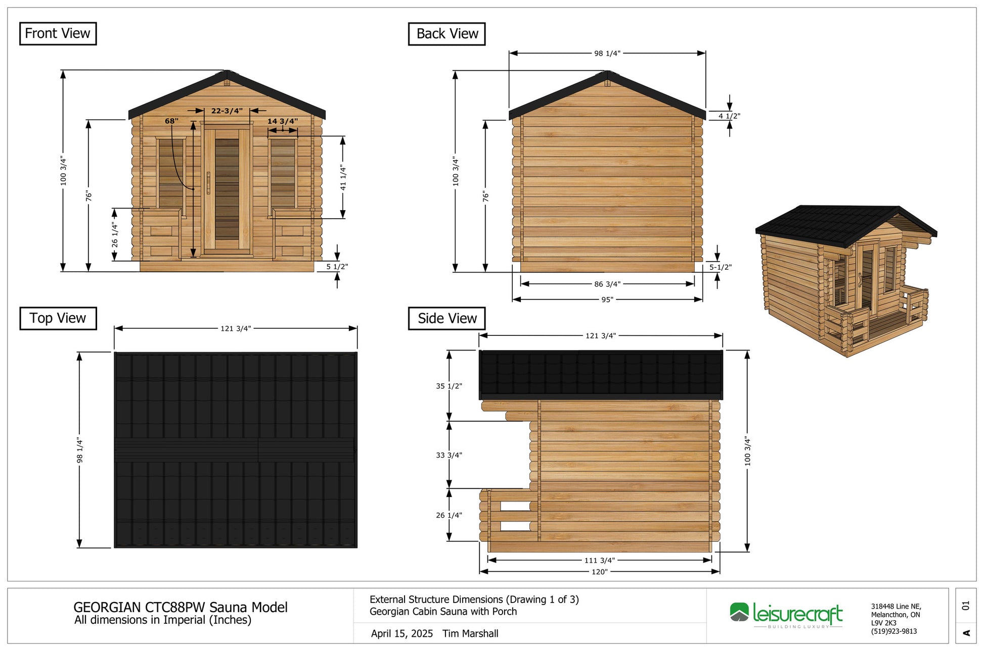 CT Georgian cabin sauna with porch dimension drawing