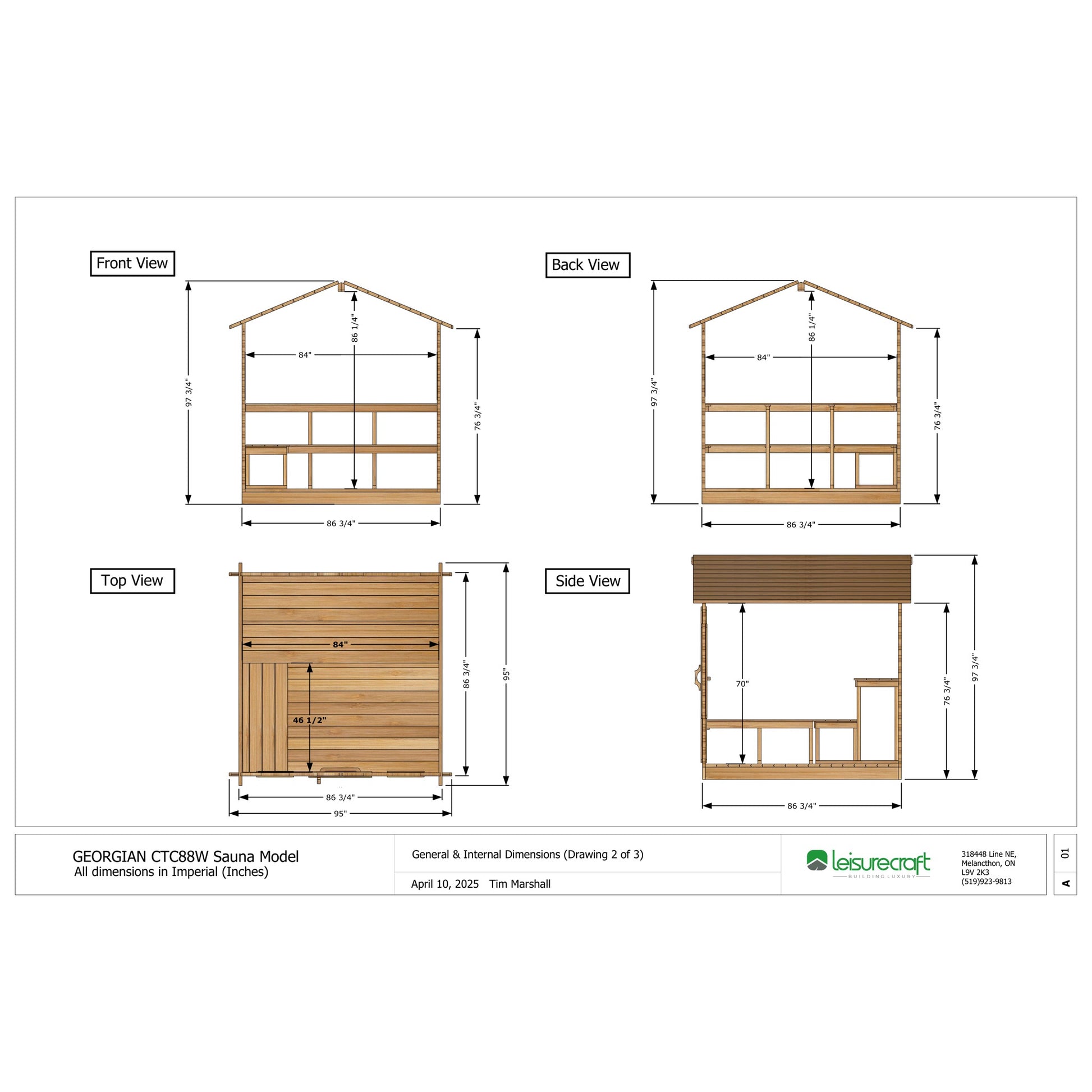 CT Georgian cabin sauna interior dimension drawing showing the 84 inch square room and bench layout