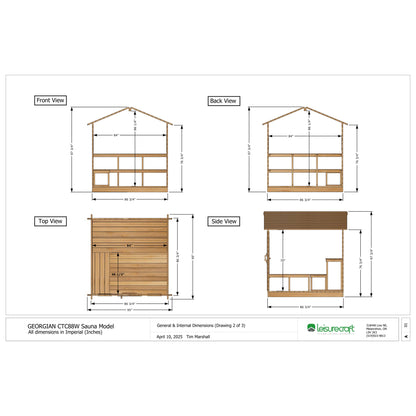 CT Georgian cabin sauna interior dimension drawing showing the 84 inch square room and bench layout
