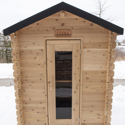 CT Granby cabin sauna front elevation showing the single door with bronze glass and the sauna sign