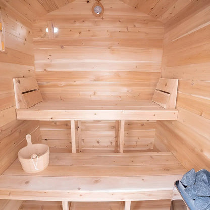 CT Granby interior with the two-tier cedar bench and backrests across the back wall, bucket and ladle on the lower tier