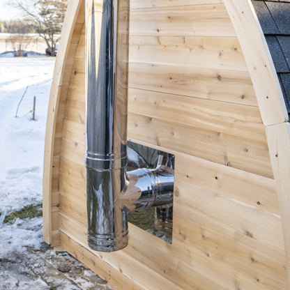 Chimney exit detail on the CT MiniPOD sauna wall with the stainless wall thimble