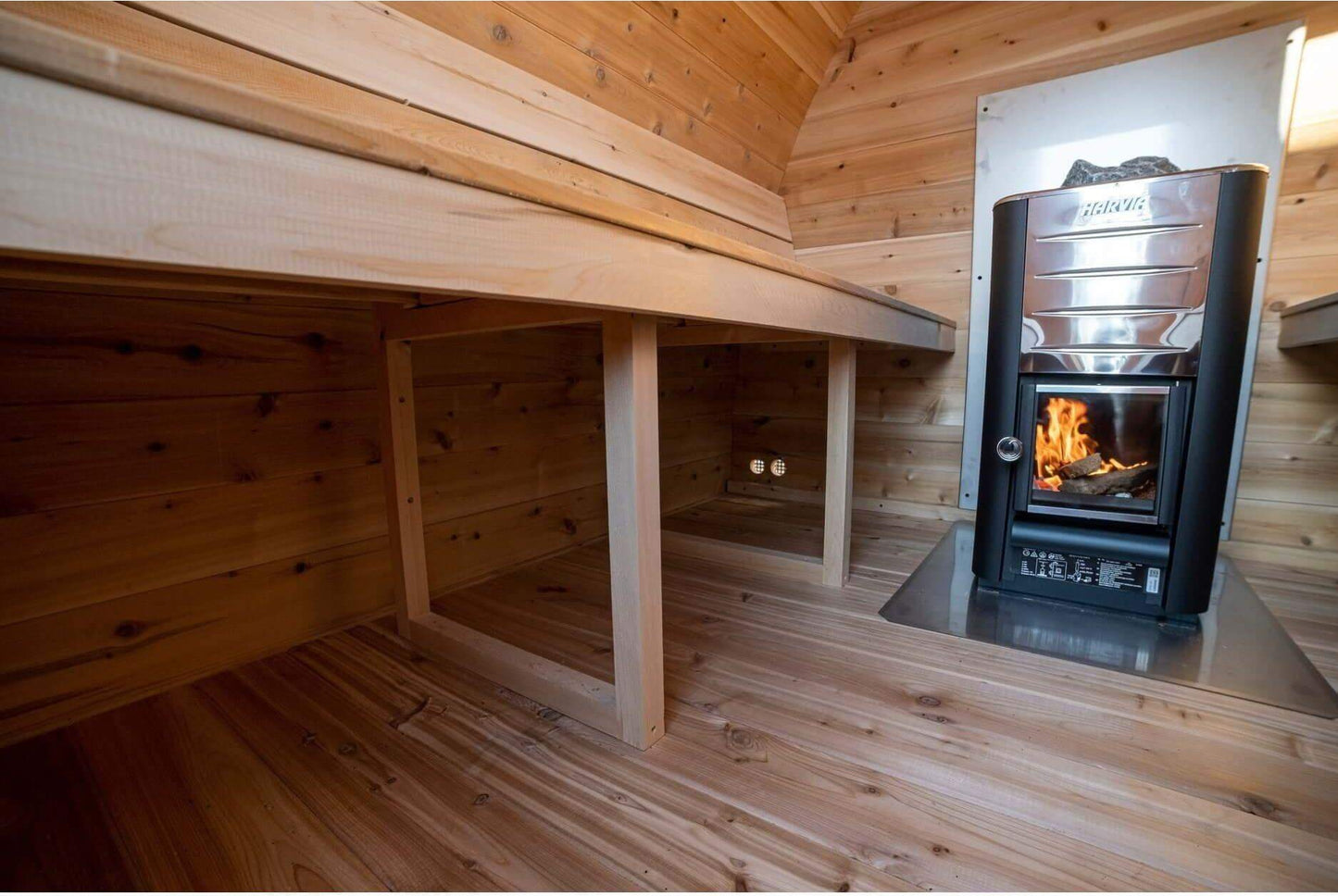 Sauna heater with fire window and stainless heat shield inside the CT MiniPOD sauna