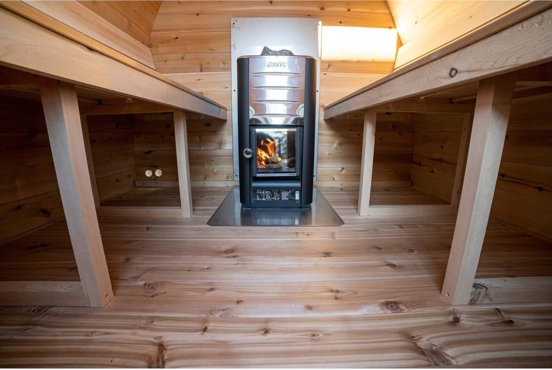 CT MiniPOD interior looking toward the door, showing the bench layout and heater