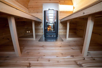 CT MiniPOD interior looking toward the door, showing the bench layout and heater