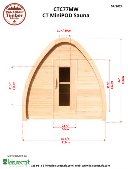 CT MiniPOD sauna exterior dimension drawing, front view