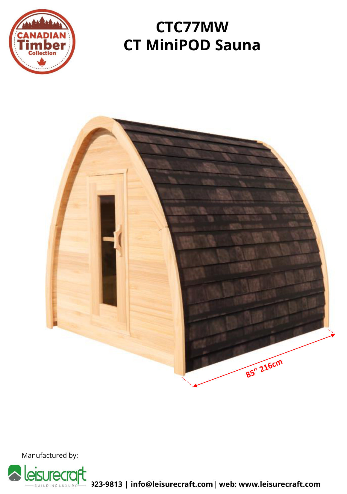 CT MiniPOD sauna side elevation dimension drawing