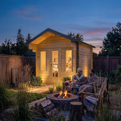 Canadian Timber CT Palmer outdoor cabin sauna lit at dusk beside a backyard fire pit, two people seated by the fire