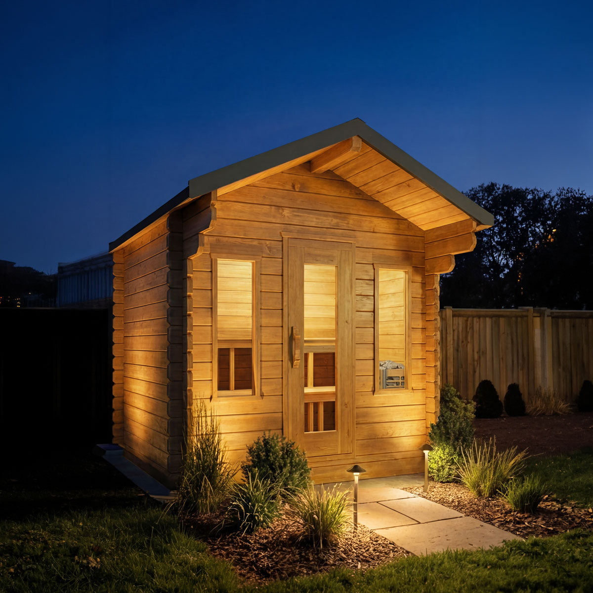 CT Palmer cabin sauna front view at dusk, the two tall windows and door lit under the extended roof overhang
