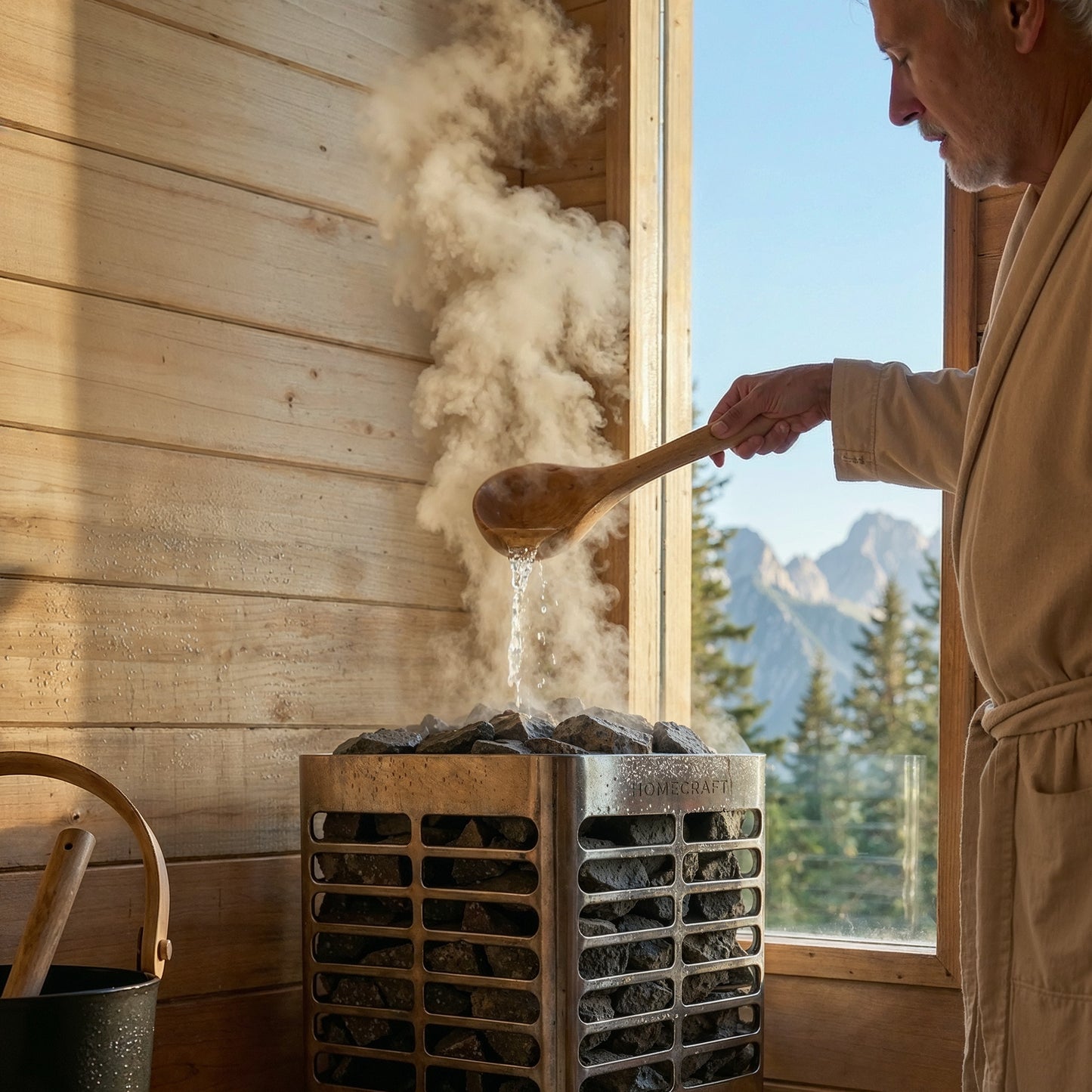Water ladled onto the heater rocks inside the CT Palmer cabin sauna