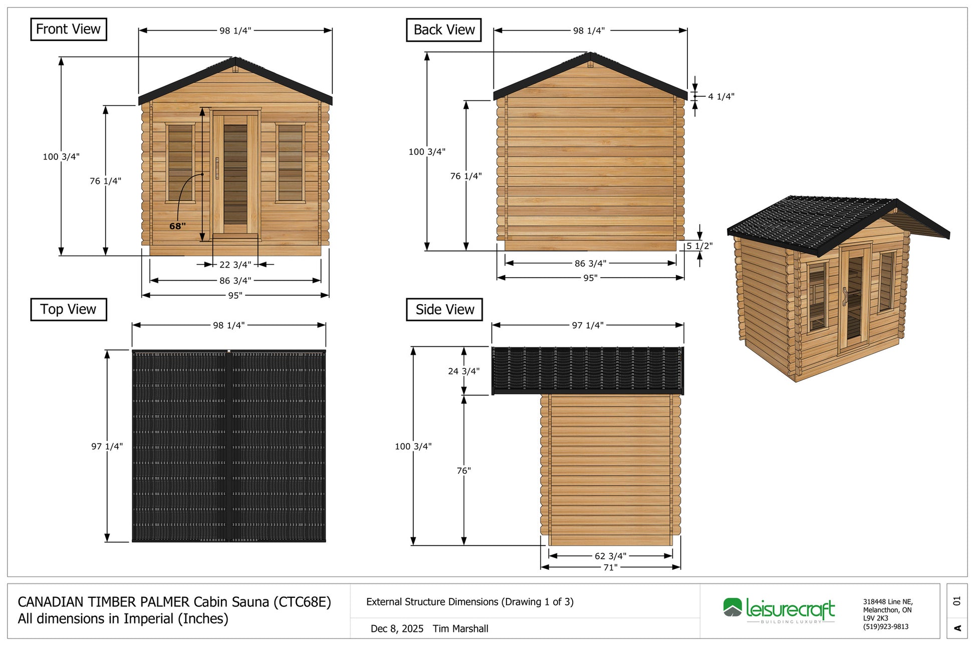 CT Palmer cabin sauna dimension drawing with imperial measurements