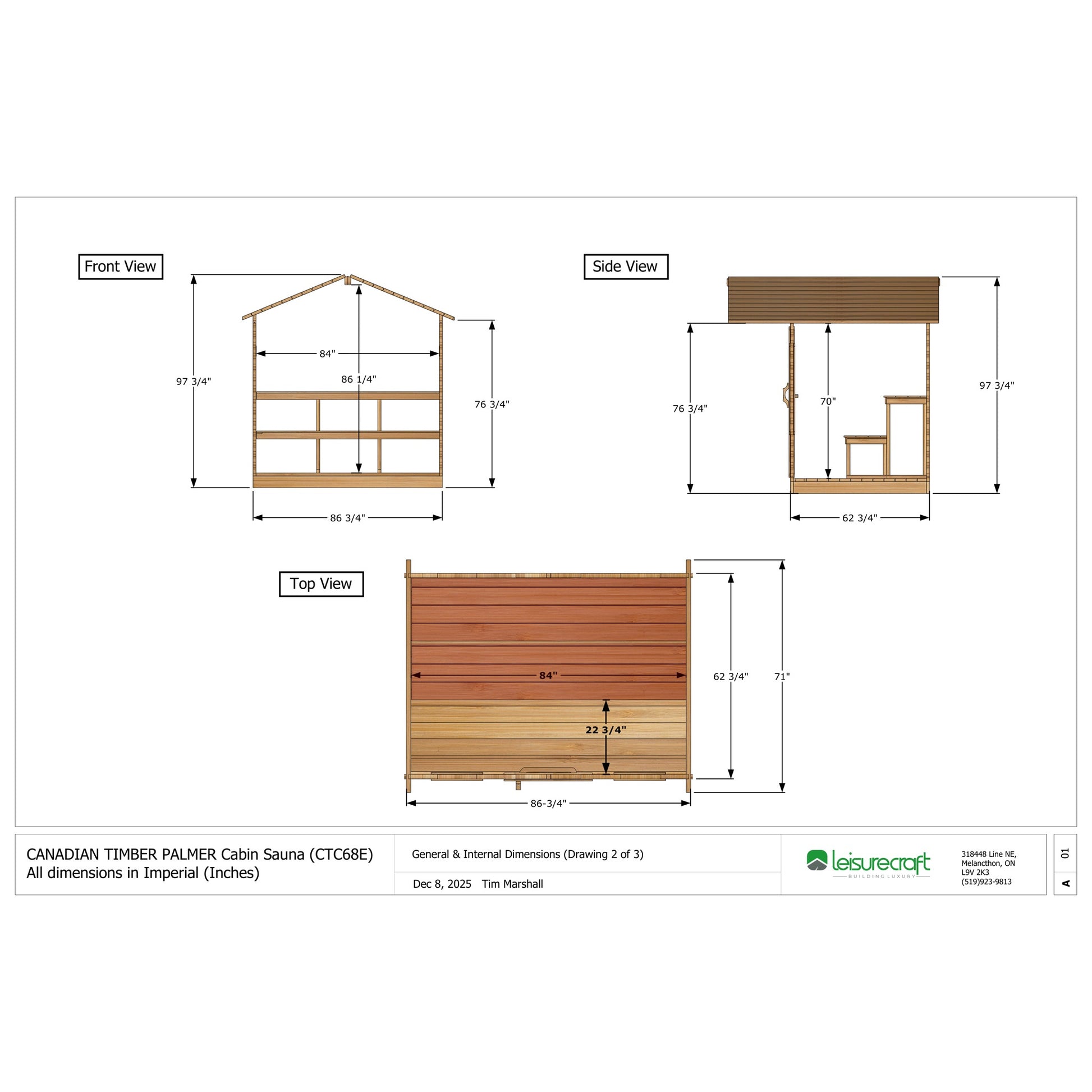 CT Palmer cabin sauna interior dimension drawing showing the 60 by 84 inch room and two-tier bench