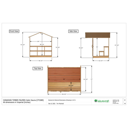 CT Palmer cabin sauna interior dimension drawing showing the 60 by 84 inch room and two-tier bench
